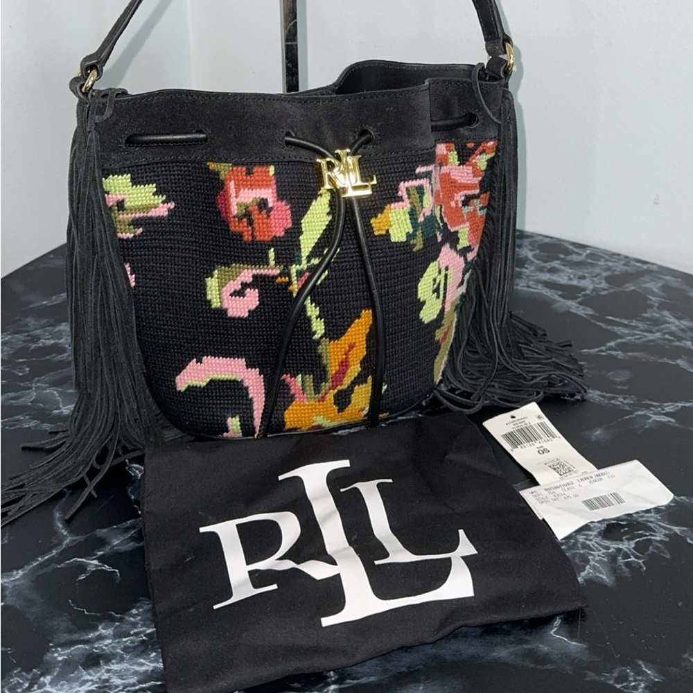 LAUREN RALPH LAUREN Needlepoint Medium Andie Drawstring Crossbody Bag AUTHENTIC - Picture 4 of 15